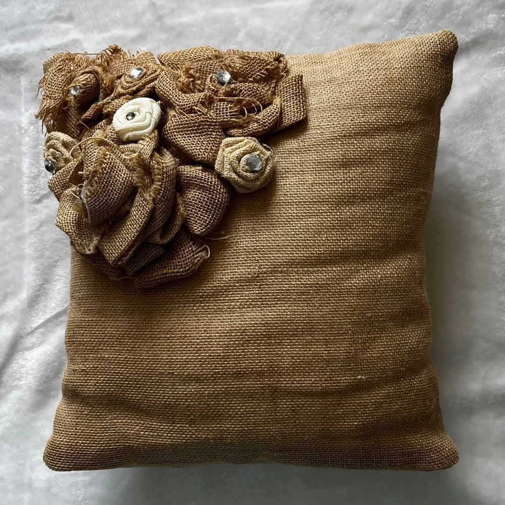 Burlap Decorative Throw Pillow with Burlap Roses and Rhinestones